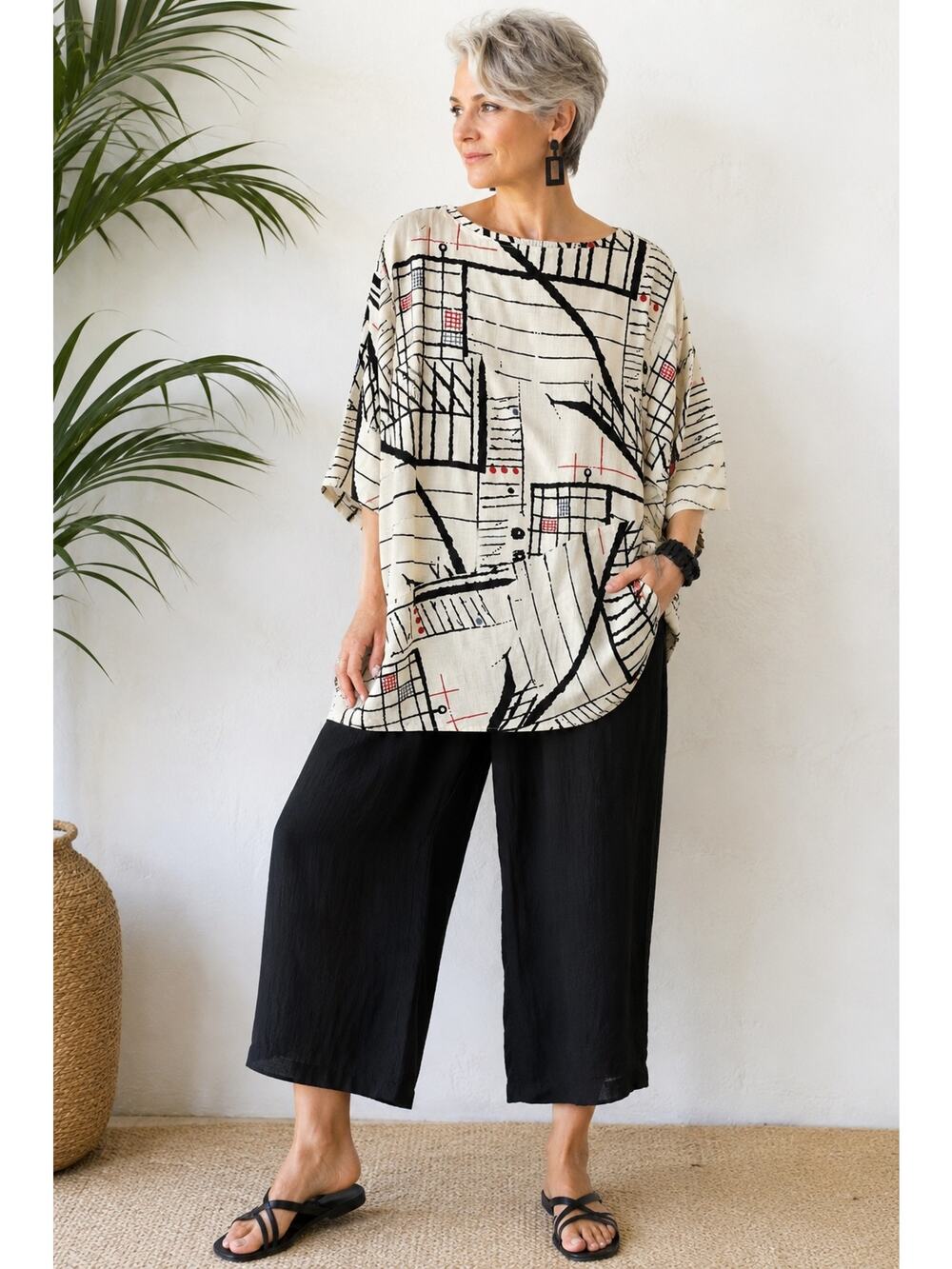 Vintage Regal Row Womens Tunic Top Size 38 Art to wear Abstract Cream Lagenlook